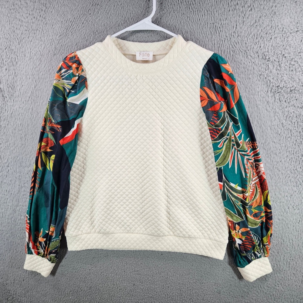Fate Quilted Sweatshirt Womens Small Cream Tropical Floral Puff Sleeve